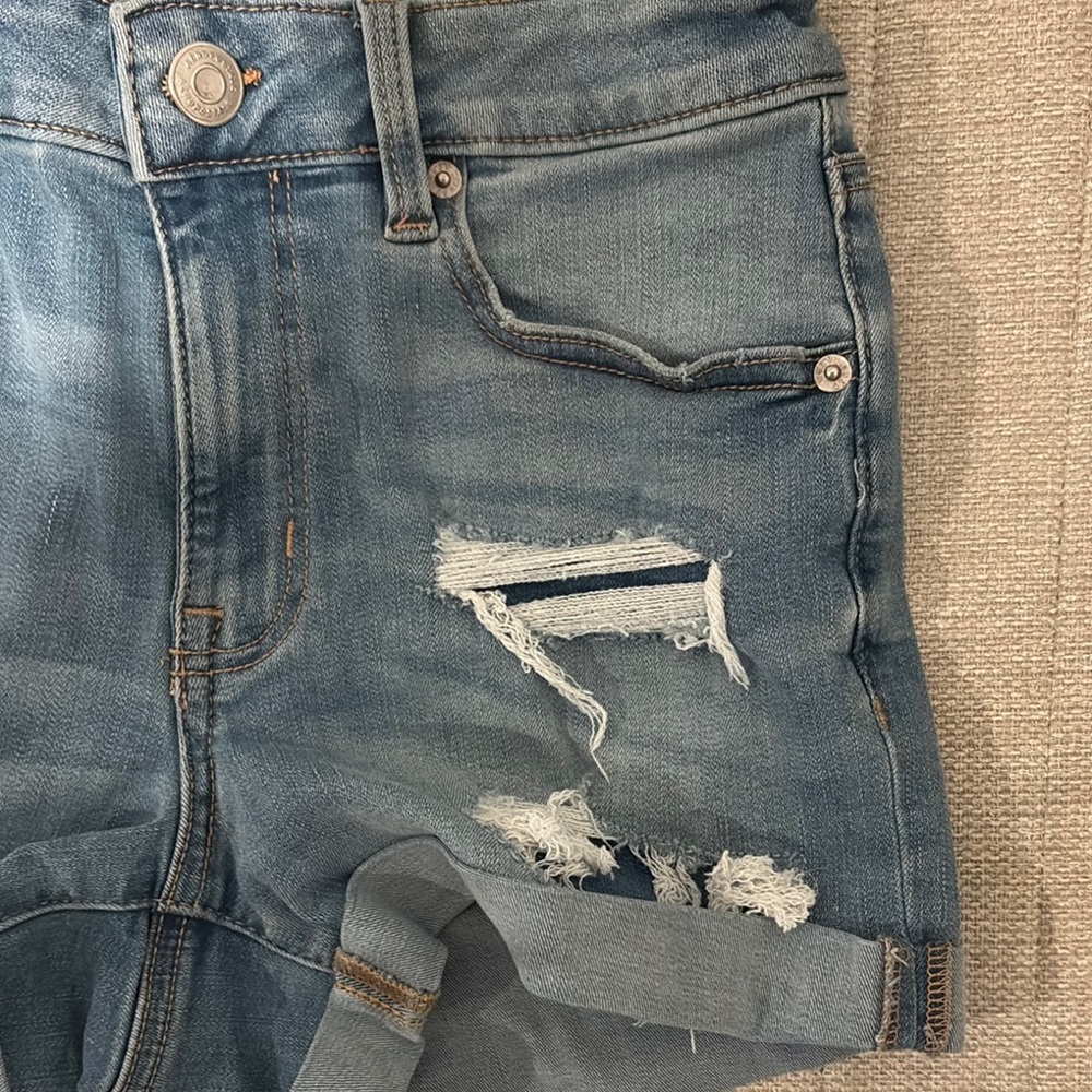 Aeropostale Women's Blue High Waisted Distressed Denim Shorts - Picture 7 of 9